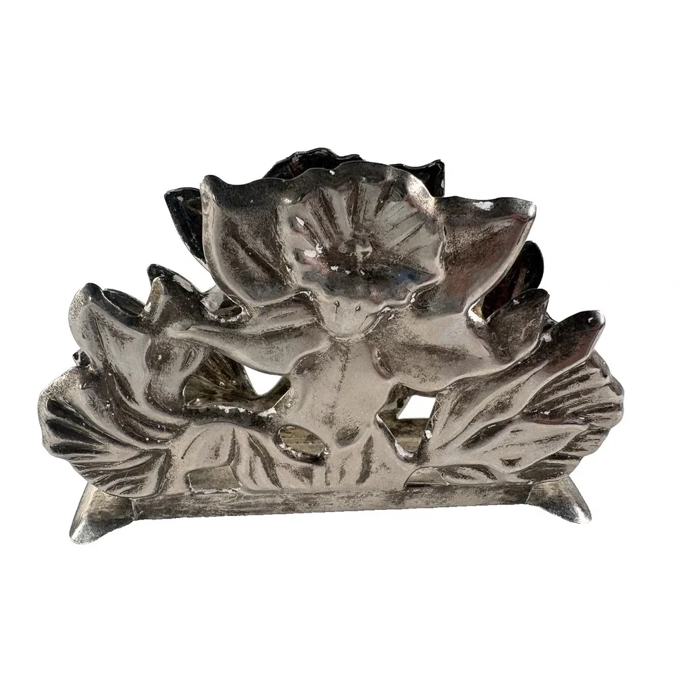Silverplate Napkin Letter Holder Embossed Floral Motif 5x3x1 Vtg Patina READ